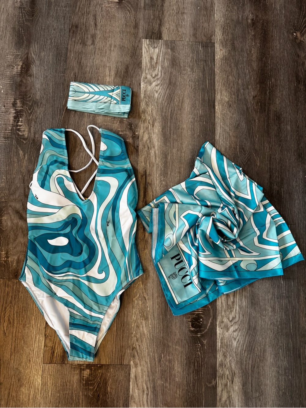 Emilio Pucci One-Piece Swimsuit, scarf and sarong in Teal Wave Print